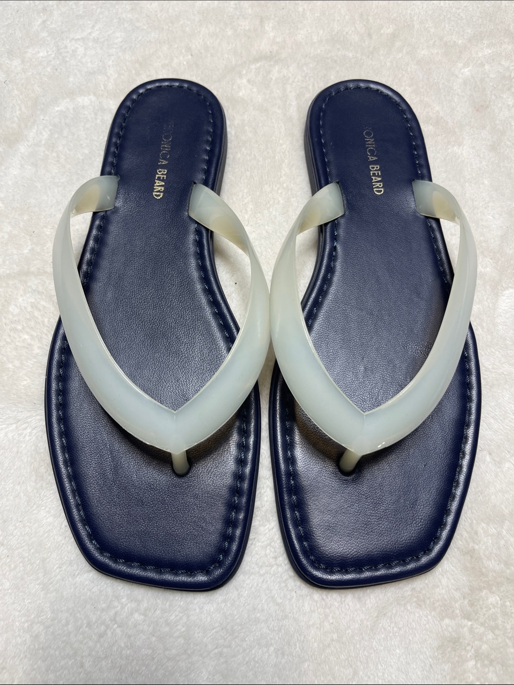 Veronica Beard Navy Square-Toe Sandals with Pearlescent Cream Straps Size 6.5